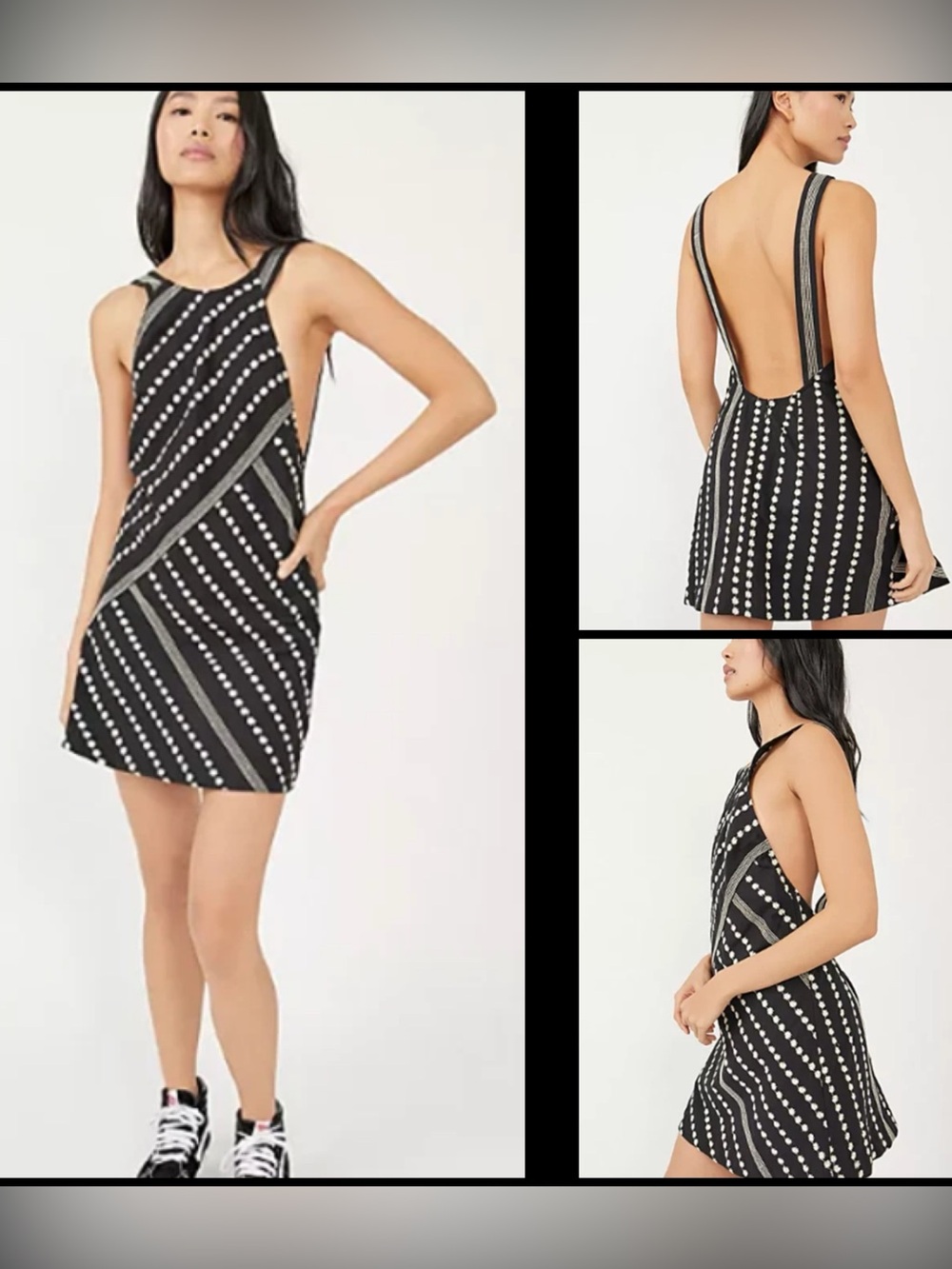 Free People Juni Boho Geometric Embroidered Backless Ditsy Black Mini Dress Sz S